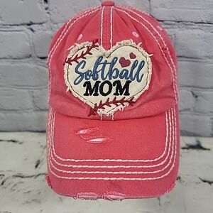 Kbethos Softball Mom Heart Patch Hat Pink Distressed Adjustable Ball Cap